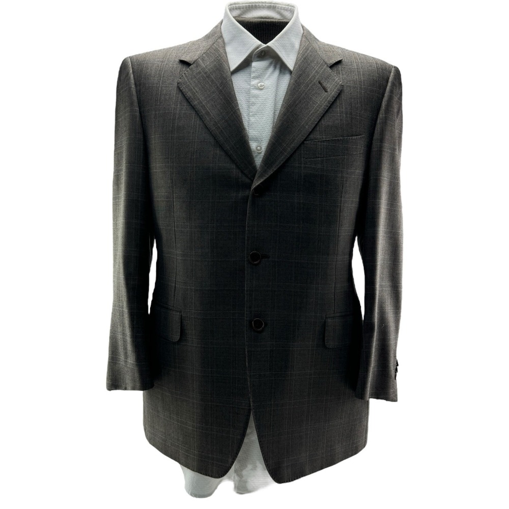Canali Brown w/ Blue Check Wool 3 Button Double Vent Sport Coat Mens Size 40R